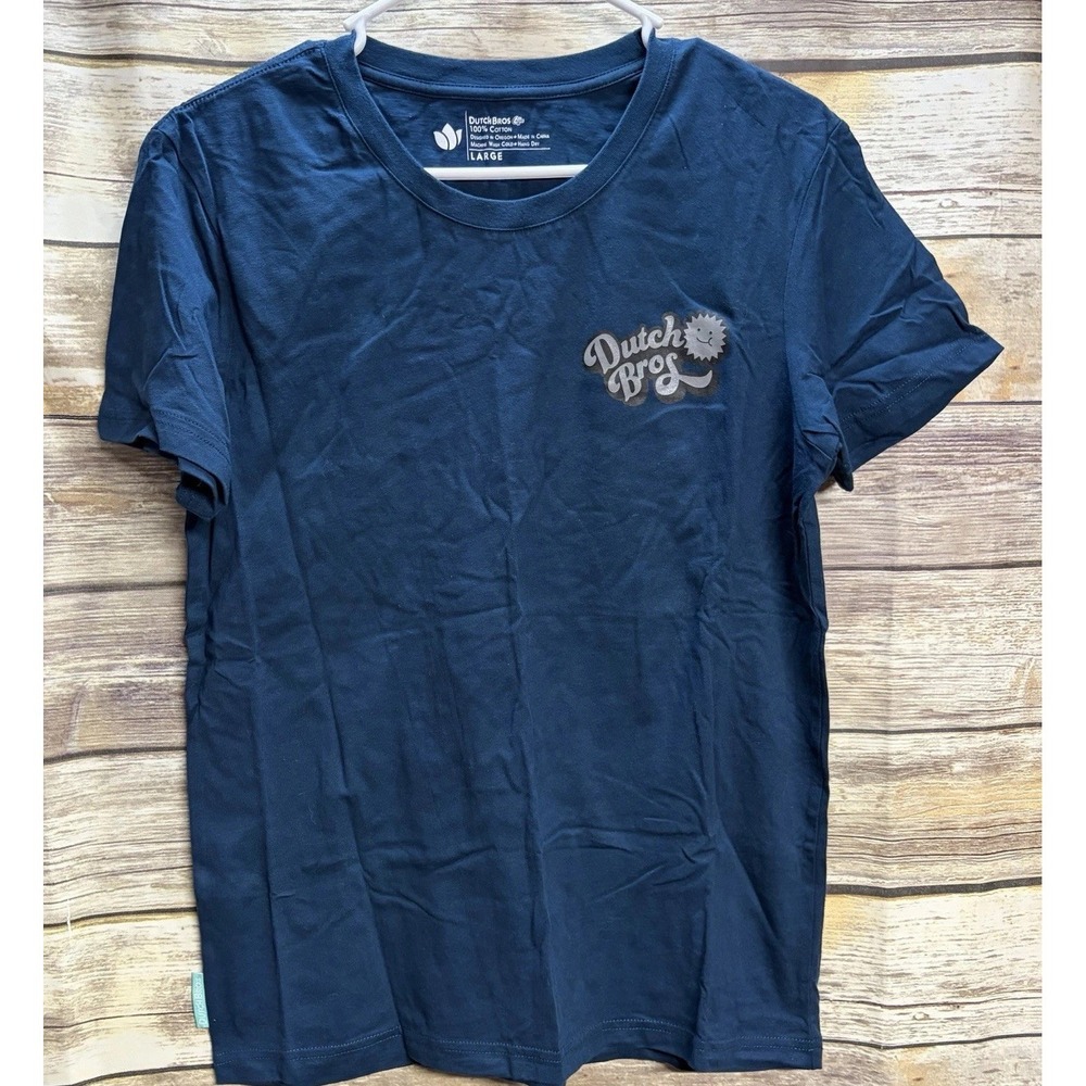 Dutch Bros Coffee T Shirt Women's Large Navy Blue Brand Logo Sun Happy‎ Tagless